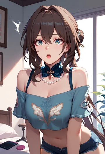 star rail,ruan mei,off-shoulder top,dolphin shorts  - AI generated anime art